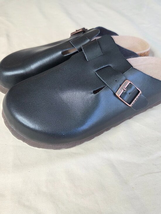 Birkenstock Women's - Boston Clogs Black Leather Soft Footbed - Size 38
